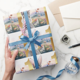 Kaninchen bläst blaue Kaugummiblase zum ersten Geb Geschenkpapier