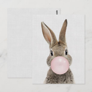 Kaninchen bläst Bubble Gum graue Leinen Postkarte