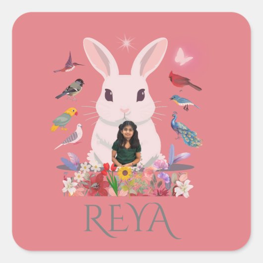 Kaninchen, Blume und Vögel, Personalisierte Gestal Quadratischer Aufkleber (Vorderseite)