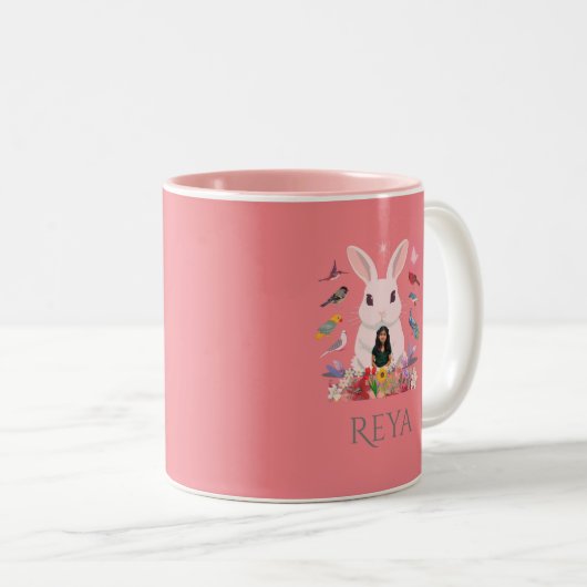 Kaninchen, Blume und Vögel, Personalisierte Gestal Zweifarbige Tasse (VorderseiteRechts)