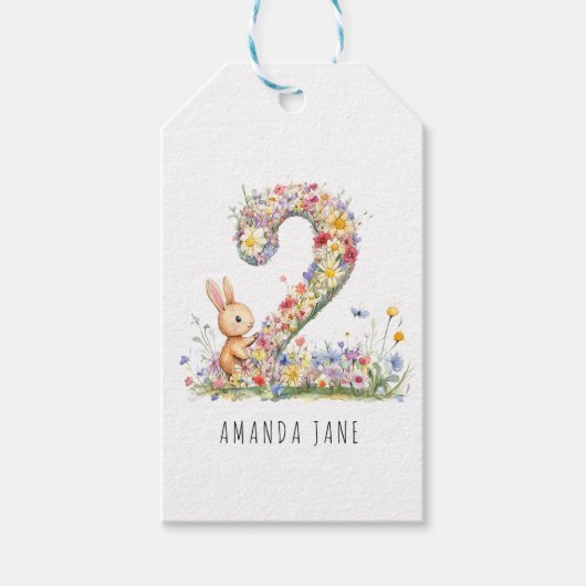 Kaninchen Blumen 2. Geburtstag Geschenkanhänger (Vorderseite)