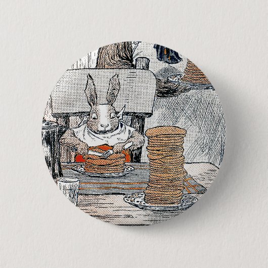 Kaninchen, das Pfannkuchen-Frühstück isst Button (Vorderseite)