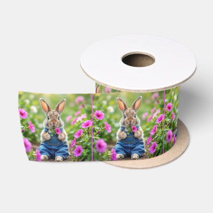 Kaninchen Eating Pink Petunia Blume Satinband