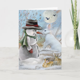 Kaninchen Eating Snowman's Nase Feiertagskarte
