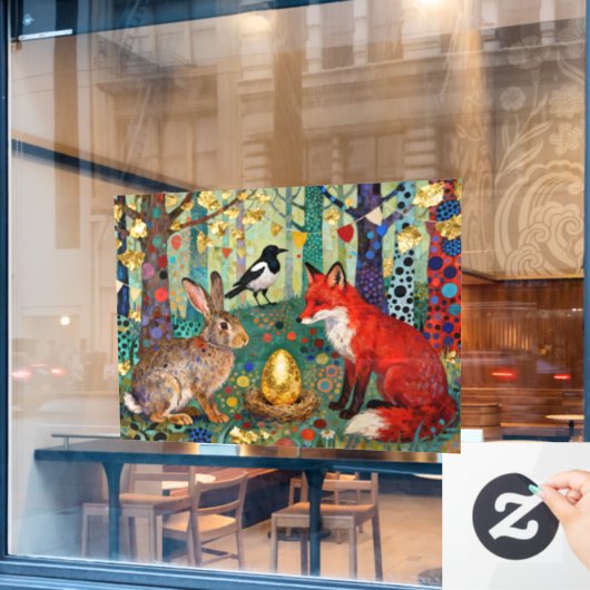 Kaninchen, Elster, Fuchs und "Das goldene Gänseei" Fensteraufkleber (Café-Fenster)