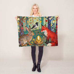 Kaninchen, Elster, Fuchs und „Das goldene Gänseei“ Fleecedecke