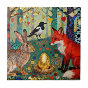 Kaninchen, Elster, Fuchs und „Das goldene Gänseei“ Fliese