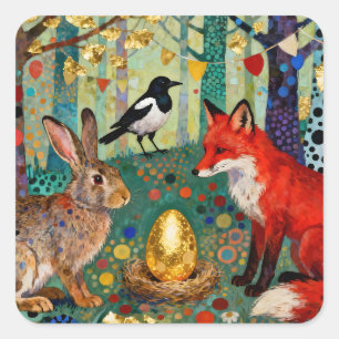 Kaninchen, Elster, Fuchs und „Das goldene Gänseei“ Quadratischer Aufkleber