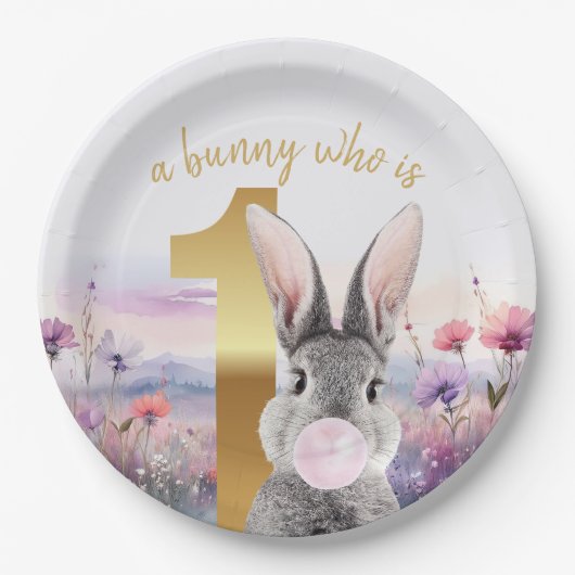 Kaninchen Erster Geburtstag blühend Rosa Gum Pappteller (Vorderseite)