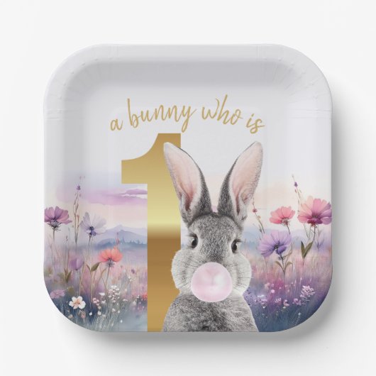 Kaninchen Erster Geburtstag blühend Rosa Gum Pappteller (Vorderseite)