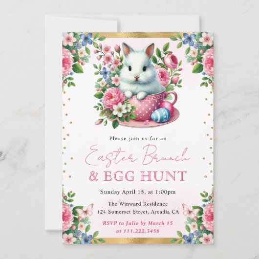 Kaninchen Frühlingsblumen Ostern Brunch Einladung (Vorderseite)