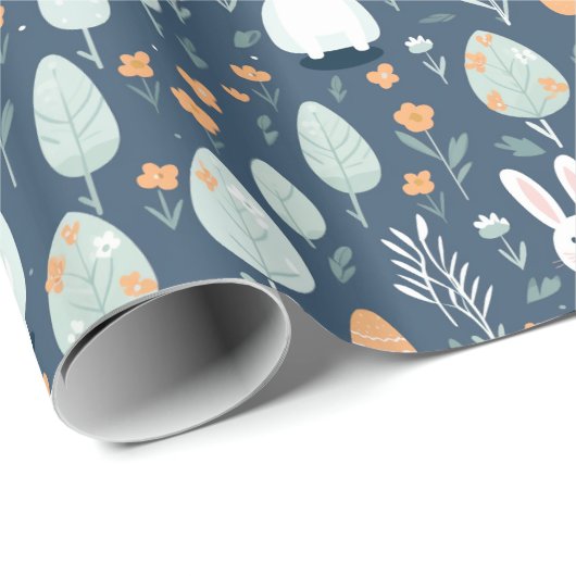Kaninchen Garten blau und orange Geschenkpapier (Rolleneckpunkt)