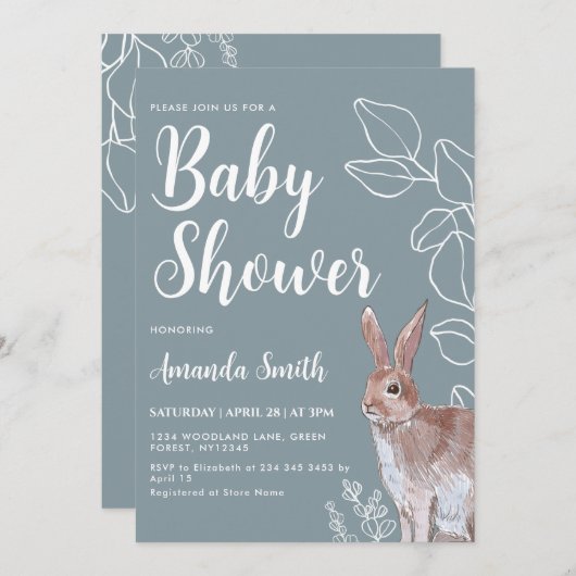 Kaninchen-Illustration Botanische Babydusche Einladung (Vorne/Hinten)