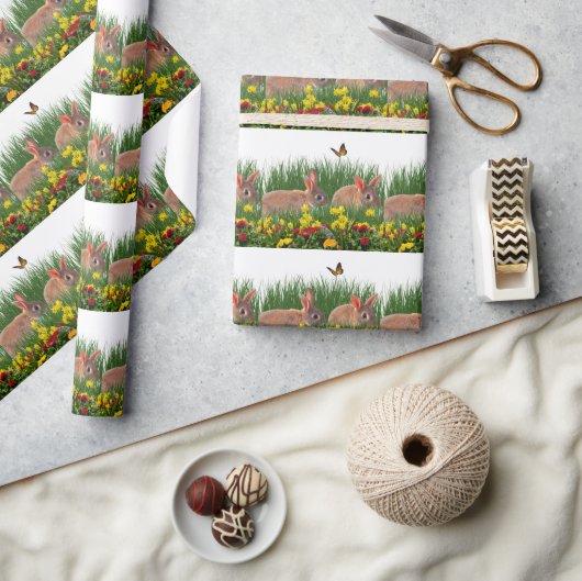 Kaninchen im Blumengarten Frühjahr/Ostern Geschenkpapier (Kunsthandwerk)