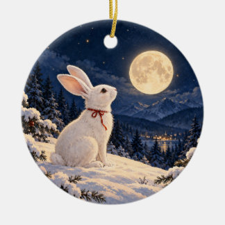 Kaninchen im Mondlicht in einem schneebedeckten Wa Keramik Ornament