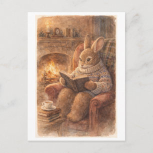 Kaninchen im Vintage-Stil beim Lesen am Kamin Postkarte