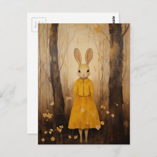 Kaninchen im Wald in einem gelben Kleid Postkarte (Vorne/Hinten)