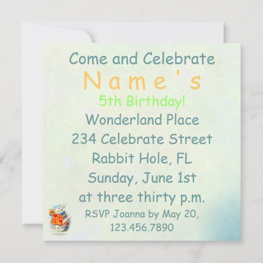 Kaninchen in Alice Wonderland ~ Einladung (Rückseite)