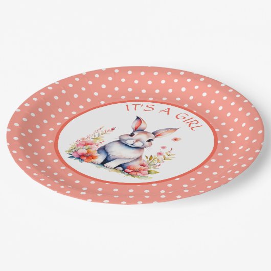 Kaninchen in Blume Es ist eine Girl Baby Dusche Pappteller (Schrägansicht)