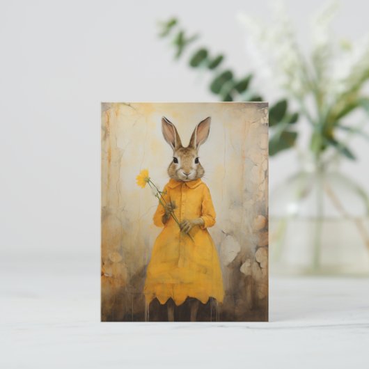 Kaninchen in einem gelben Kleid mit gelber Blume Postkarte (Stehend Vorderseite)
