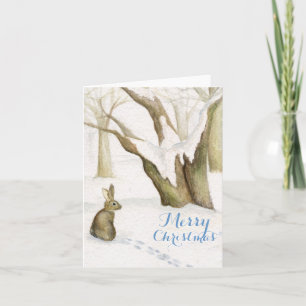 Kaninchen in Schneewald Aquarellweih Weihnachtskar Feiertagskarte