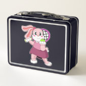 Kaninchen in Tennis mit Tennisschläger Metall Brotdose (Rückseite)