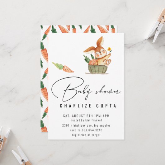 Kaninchen Karotte Blume Kinderdusche Einladung Mäd (Vorderseite/Rückseite Beispiel)