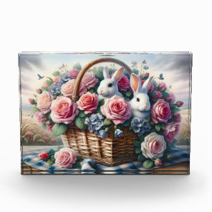 Kaninchen kuscheln sich zwischen Cottage-Rosen Fotoblock