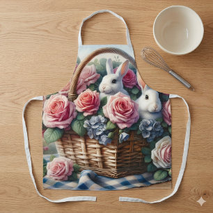 Kaninchen kuscheln sich zwischen Cottage-Rosen Schürze