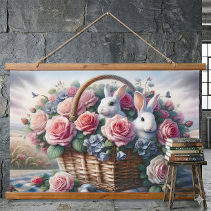 Kaninchen kuscheln sich zwischen Cottage-Rosen Wandteppich Mit Holzrahmen