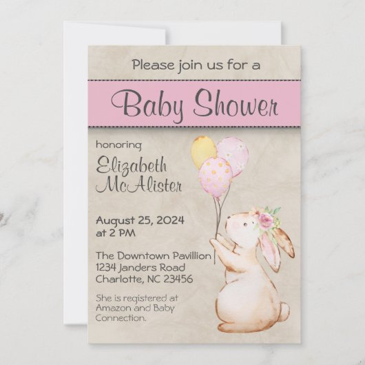 Kaninchen mit Balloons Babydusche Einladung (Vorderseite)