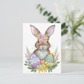 Kaninchen mit Eiern und Blume Feiertagspostkarte (Stehend Vorderseite)