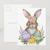 Kaninchen mit Eiern und Blume Feiertagspostkarte (Vorne/Hinten)