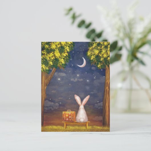 Kaninchen mit einem Koffer Blick in den nächtliche Postkarte (Stehend Vorderseite)