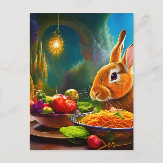 Kaninchen mit einer Schüssel Spaghetti Postkarte (Vorderseite)