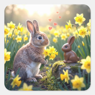 Kaninchen mit Osterglocken für den Osterhasen aus  Quadratischer Aufkleber
