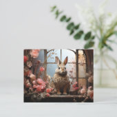 Kaninchen mit rosa Blume Postkarte (Stehend Vorderseite)