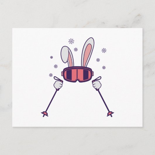 Kaninchen mit Skistöcken und Skibrille Postkarte (Vorderseite)