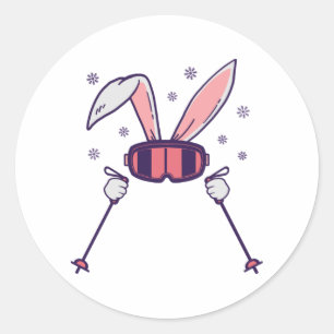 Kaninchen mit Skistöcken und Skibrille Runder Aufkleber