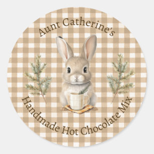 Kaninchen mit Tasse Braunes Gingham-Heißer-Kakao-M Runder Aufkleber