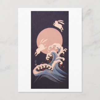 Kaninchen mit Vollmond und Wellen Postkarte