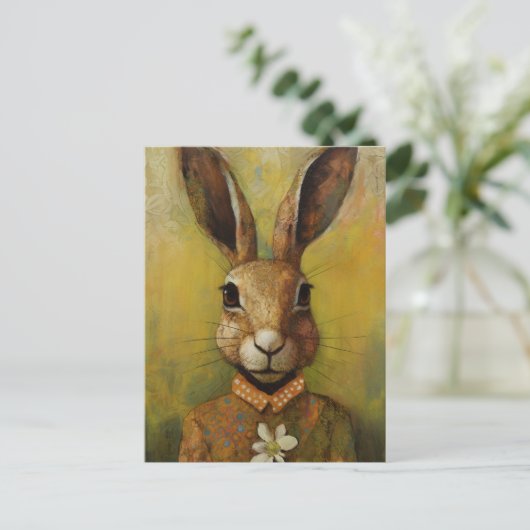 Kaninchen mit weißer Blume Postkarte (Stehend Vorderseite)