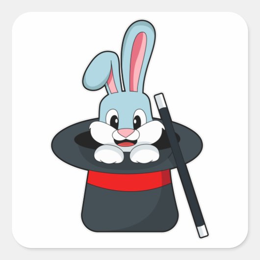 Kaninchen mit Zauberstab und Hut Quadratischer Aufkleber (Vorderseite)