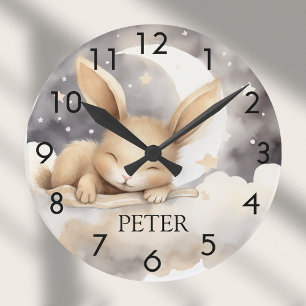 Kaninchen Mond Himmel Beige süße Kinderstube Runde Wanduhr