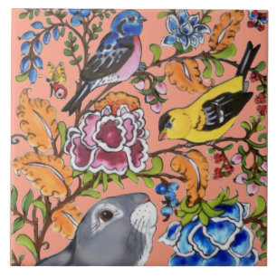 Kaninchen Mural Floral Coral Oberhalb von 2 Stücke Fliese