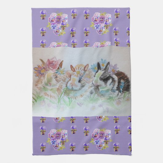 Kaninchen Niedlich Lavendel Wasserfarbe Blumenzwie Geschirrtuch (Vertikal)