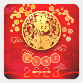Kaninchen Papercut Blüten Chinesisch Neujahr 2023  Quadratischer Aufkleber