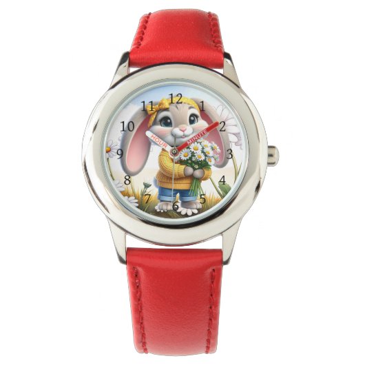 Kaninchen rosa Ohren weiße Gänseblümchen Armbanduhr (Vorderseite)