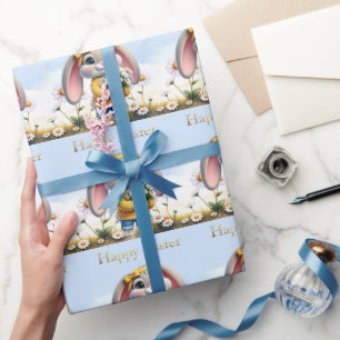 Kaninchen rosa Ohren weiße Gänseblümchen Frohe Ost Geschenkpapier