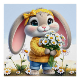Kaninchen rosa Ohren weiße Gänseblümchen Poster
